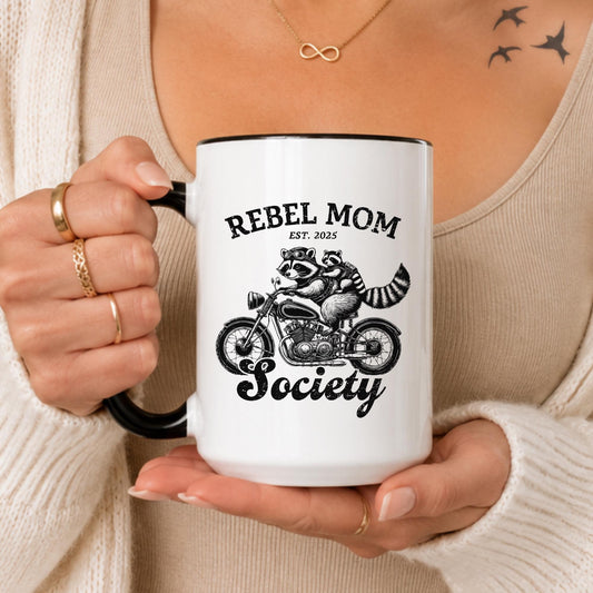 Rebel Mom Society Raccoon Biker Mug, Motorcycle Mama Coffee Cup