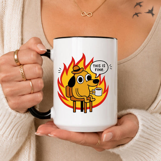 This Is Fine Dog Mug, Relatable Meme Coffee Cup, Anxiety Burnout Humor