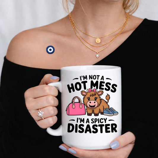 Spicy Disaster Cow Mug, Funny Quote Ceramic Coffee Cup, Girly Humor Gift