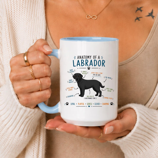 Black Labrador Anatomy Mug, Funny Dog Lover Coffee Cup, Blue Accent Handle