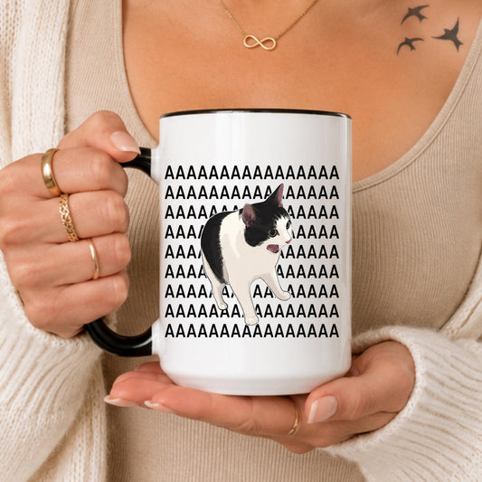 Screaming Cat Mug, Black and White Feline Coffee Cup, Cat Meme Lover Gift