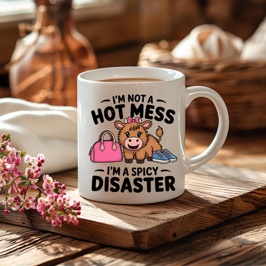 Spicy Disaster Cow Mug, Funny Quote Ceramic Coffee Cup, Girly Humor Gift