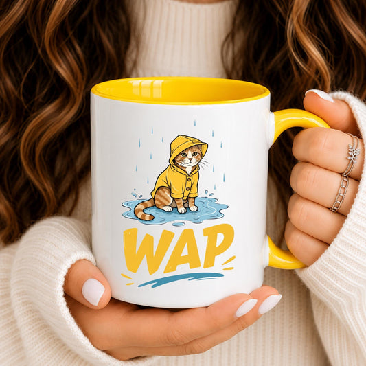 WAP Cat Mug, Grumpy Kitty Yellow Raincoat Coffee Cup, Cat Lover Gift