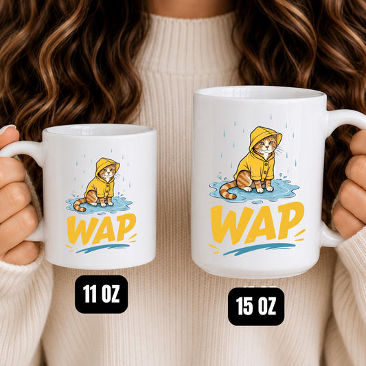 WAP Cat Mug, Grumpy Kitty Yellow Raincoat Coffee Cup, Cat Lover Gift