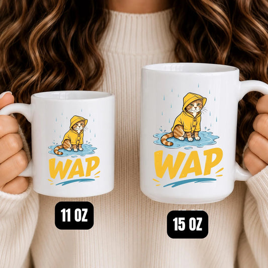 WAP Cat Mug, Grumpy Kitty Yellow Raincoat Coffee Cup, Cat Lover Gift
