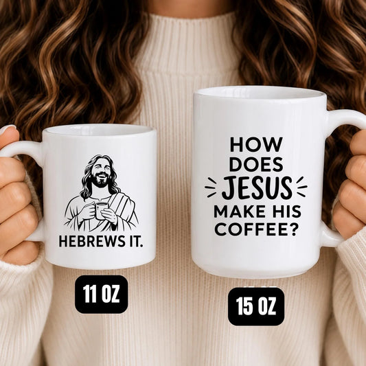 Christian Coffee Mug, Jesus "He Brews It" Humor Cup, Faith Based Gift