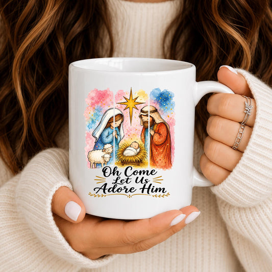 Christian Nativity Mug | Oh Come Let Us Adore Him Christmas Coffee Cup