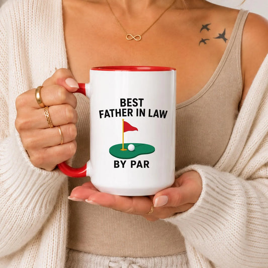 Father In Law Golf Mug | "By Par" Funny Golfer Coffee Cup, Red Handle