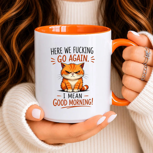 Funny Grumpy Cat Coffee Mug, Sarcastic Morning Humor, Orange Accent Ceramic Cup