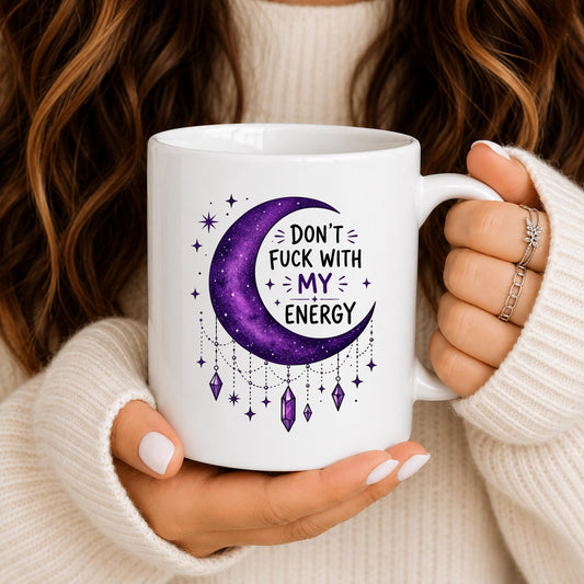 Witchy Moon Coffee Mug, Purple Crystal Celestial Cup, Spiritual Energy Drinkware