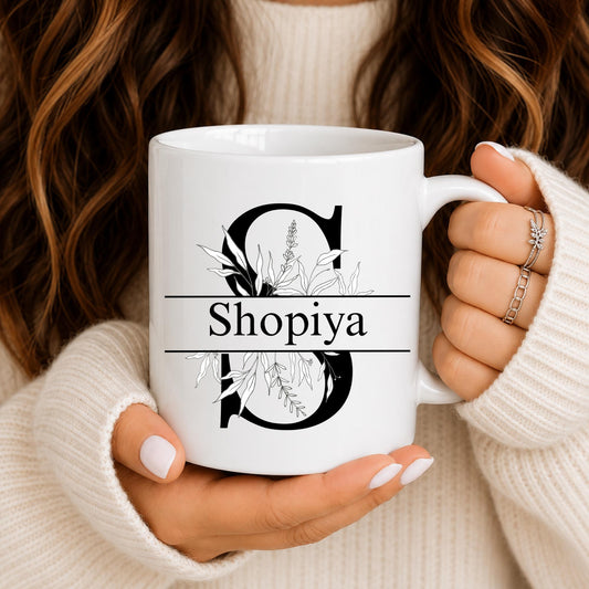 Personalized Floral Monogram Mug | Custom Initial S Coffee Cup (11oz/15oz)