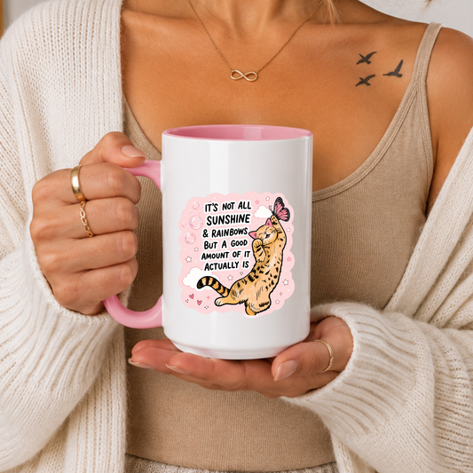 Cute Cat Mug, Positive Quote Mug, It’s Not All Sunshine and Rainbows Mug, Motivational Coffee Mug, Cute Cat Lover Gift, Aesthetic Pink Mug