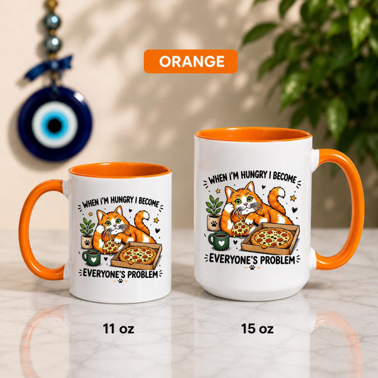Funny Cat Pizza Mug | Hangry Humor Coffee Cup | Cat Lover Gift