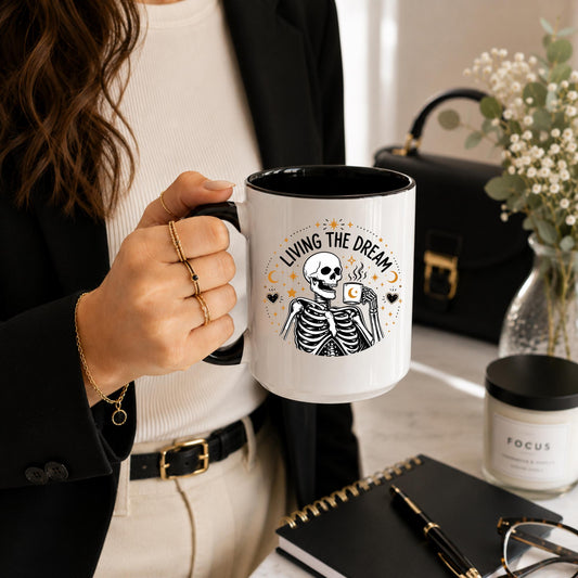 Living The Dream Skeleton Mug | Funny Gothic Coffee Cup | Dark Humor Halloween Gift Mug