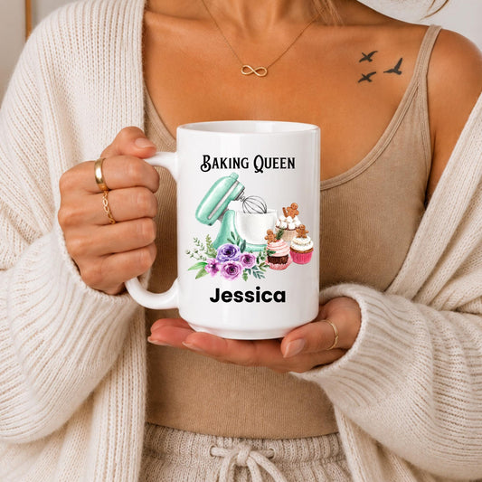 Personalized Baking Queen Mug | Custom Baker Name Coffee Cup | Floral Mixer Gift For Women