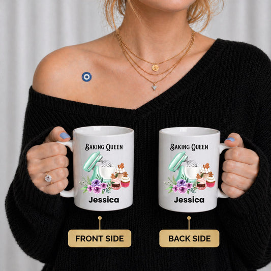Personalized Baking Queen Mug | Custom Baker Name Coffee Cup | Floral Mixer Gift For Women