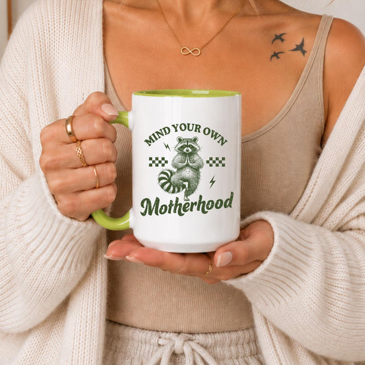 Funny Raccoon Mug | Mind Your Own Motherhood Coffee Cup, Green Accent Handle