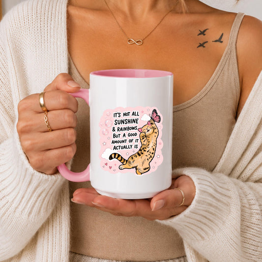 Cat Coffee Mug | Realistic Optimism Quote, Pink Ceramic Cup
