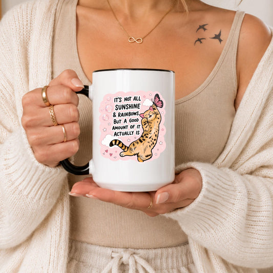 Cat Coffee Mug | Realistic Optimism Quote, Pink Ceramic Cup