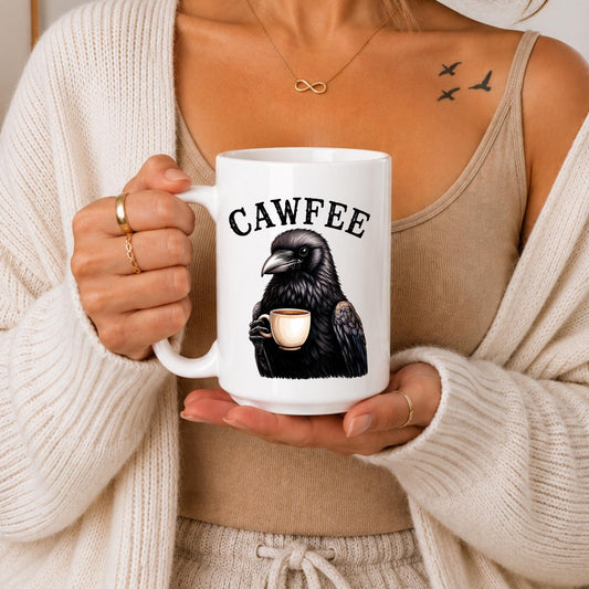 Funny Cawfee Crow Mug | Gothic Raven Coffee Cup | Dark Academia Bird Lover Gift