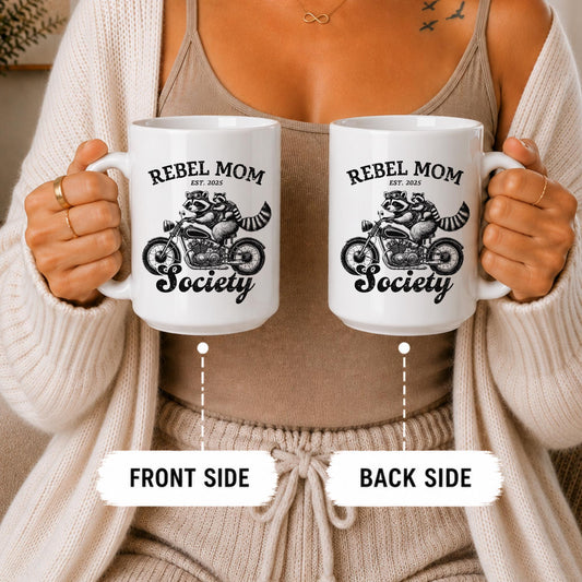Rebel Mom Society Raccoon Biker Mug, Motorcycle Mama Coffee Cup