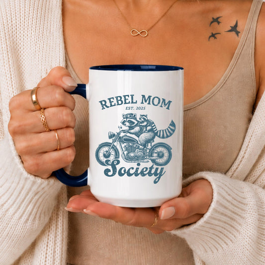 Rebel Mom Society Raccoon Biker Mug, Funny Motherhood Coffee Cup