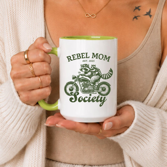 Rebel Mom Society Raccoon Biker Mug, Funny Coffee Cup, Sarcastic Mama Gift