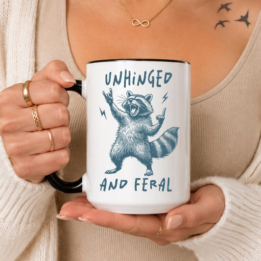 Funny Raccoon Mug, Unhinged Feral Blue Coffee Cup, Sarcastic Animal Lover Gift