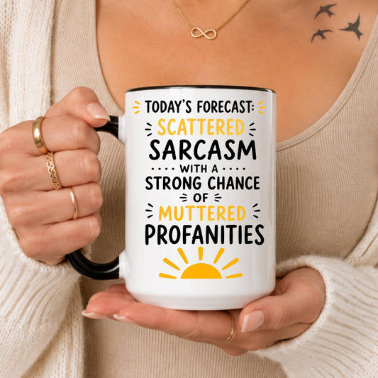 Funny Sarcasm Coffee Mug, Scattered Profanities Forecast, Coworker Office Humor Mug