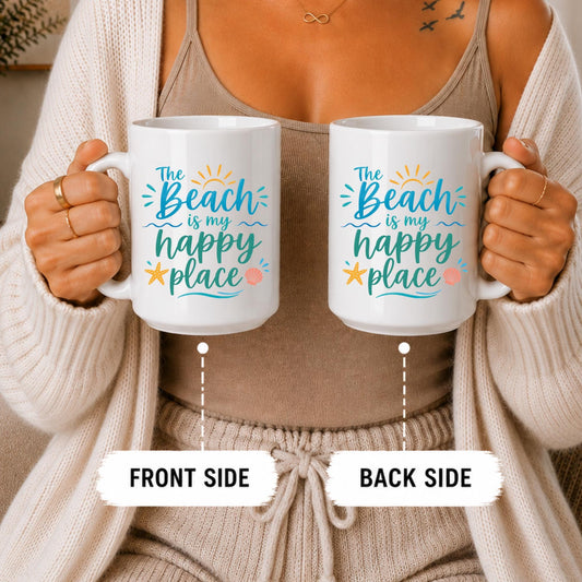 Beach Happy Place Ceramic Mug, Coastal Ocean Lover Coffee Cup