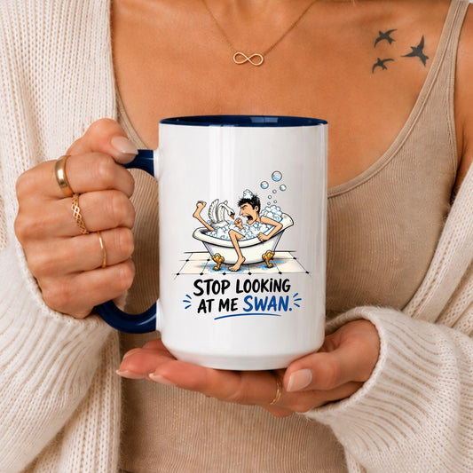 Stop Looking At Me Swan Mug, Cult Comedy Movie Quote Coffee Cup