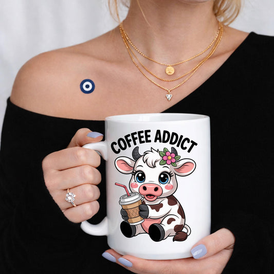 Cow Coffee Addict Mug, Kawaii Animal Lover Ceramic Cup