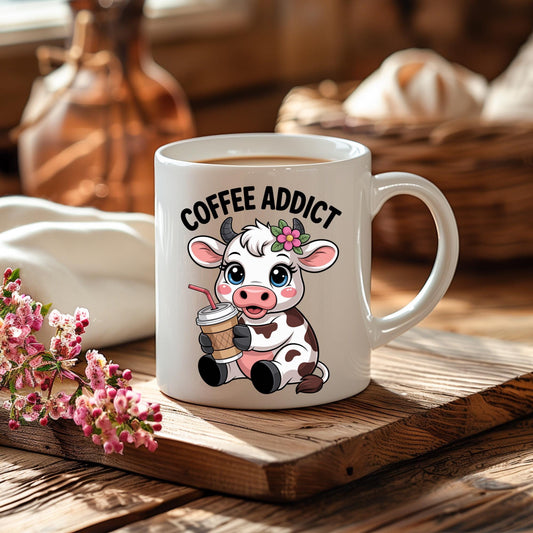 Cow Coffee Addict Mug, Kawaii Animal Lover Ceramic Cup