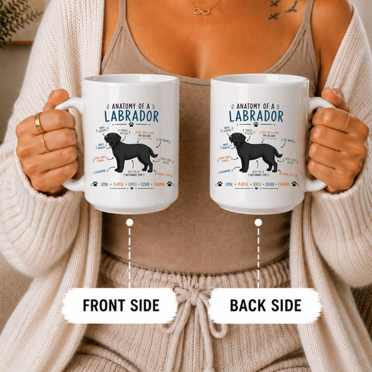 Black Labrador Anatomy Mug, Funny Dog Lover Coffee Cup, Blue Accent Handle