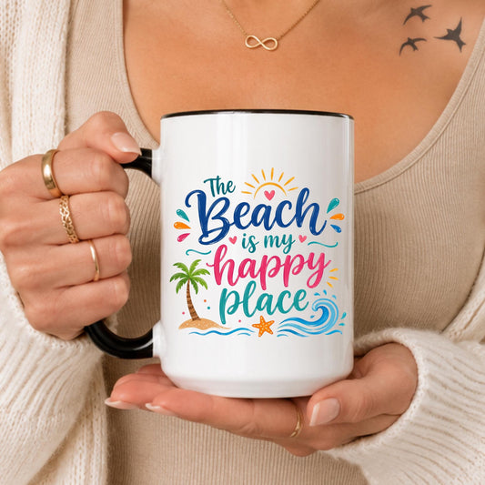 Beach Happy Place Ceramic Mug, Tropical Coastal Coffee Cup