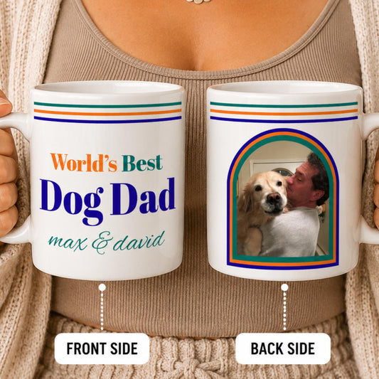 Personalized Dog Dad Mug, Custom Pet Photo, Retro Design, Ceramic Coffee Cup