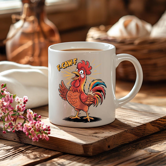 Funny Rooster F-Caw-F Coffee Mug, Sarcastic Animal Humor Cup