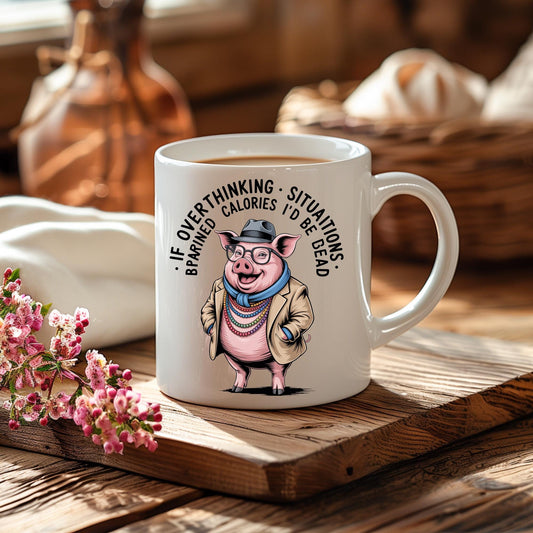 Overthinking Pig Mug, Funny Anxiety Humor Coffee Cup, Sarcastic Ceramic Drinkware