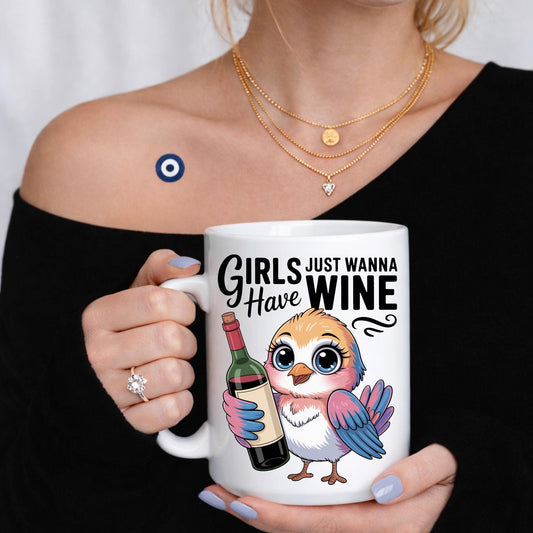 Girls Just Wanna Have Wine Mug, Funny Bird Illustration, Wine Lover Gift