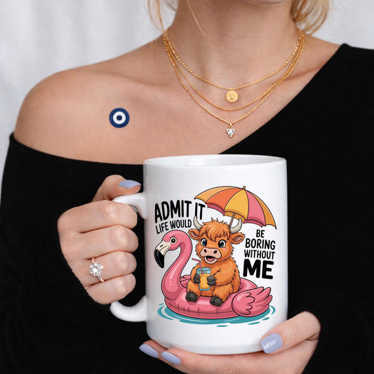 Highland Cow Flamingo Mug, Funny Animal Humor Coffee Cup