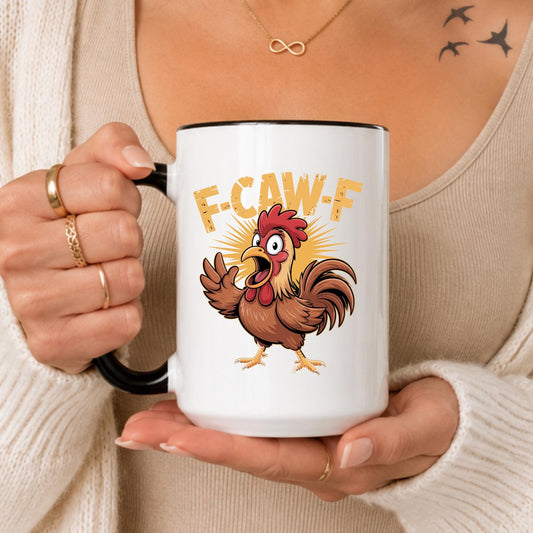 Funny Rooster F-Caw-F Ceramic Mug, Farm Animal Humor Coffee Cup