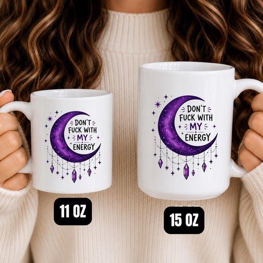 Witchy Moon Coffee Mug, Purple Crystal Celestial Cup, Spiritual Energy Drinkware
