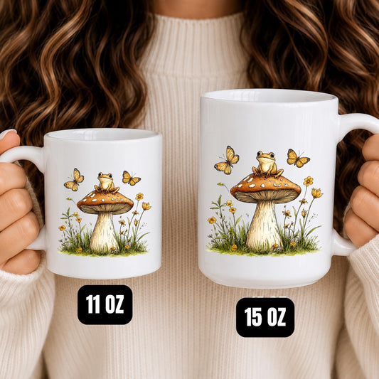 Frog Mushroom Ceramic Mug | Whimsical Woodland Butterfly Wildflower Coffee Cup