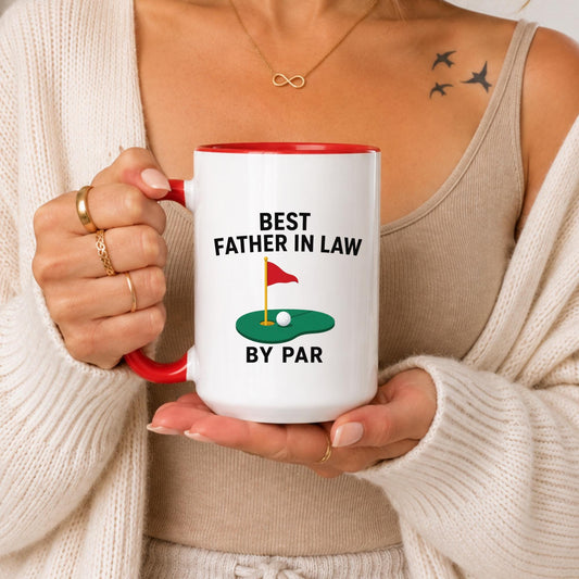 Father In Law Golf Mug | "By Par" Funny Golfer Coffee Cup, Red Handle