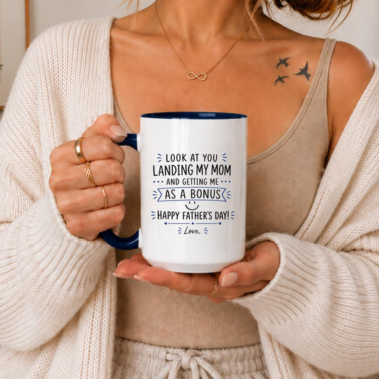 Funny Bonus Dad Mug | Stepdad Coffee Cup | Blue Handle Gift