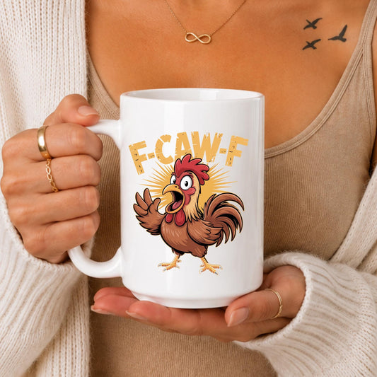 Funny Rooster F-Caw-F Ceramic Mug, Farm Animal Humor Coffee Cup