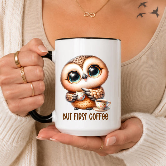 Owl Coffee Mug: Big-Eyed Holding Cup, "But First Coffee" Text