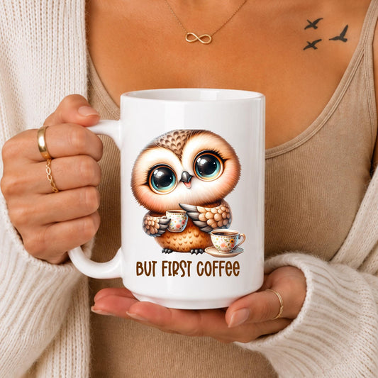 Owl Coffee Mug: Big-Eyed Holding Cup, "But First Coffee" Text