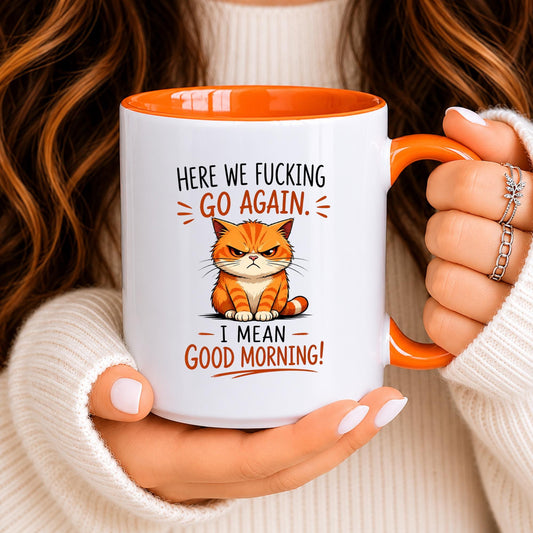 Funny Grumpy Cat Coffee Mug, Sarcastic Morning Humor, Orange Accent Ceramic Cup