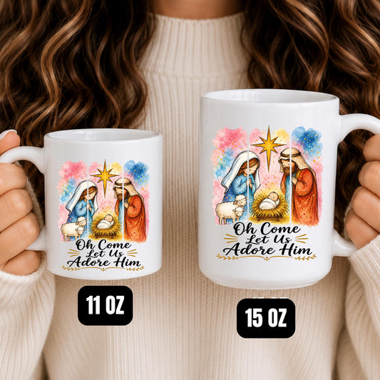 Christian Nativity Mug | Oh Come Let Us Adore Him Christmas Coffee Cup